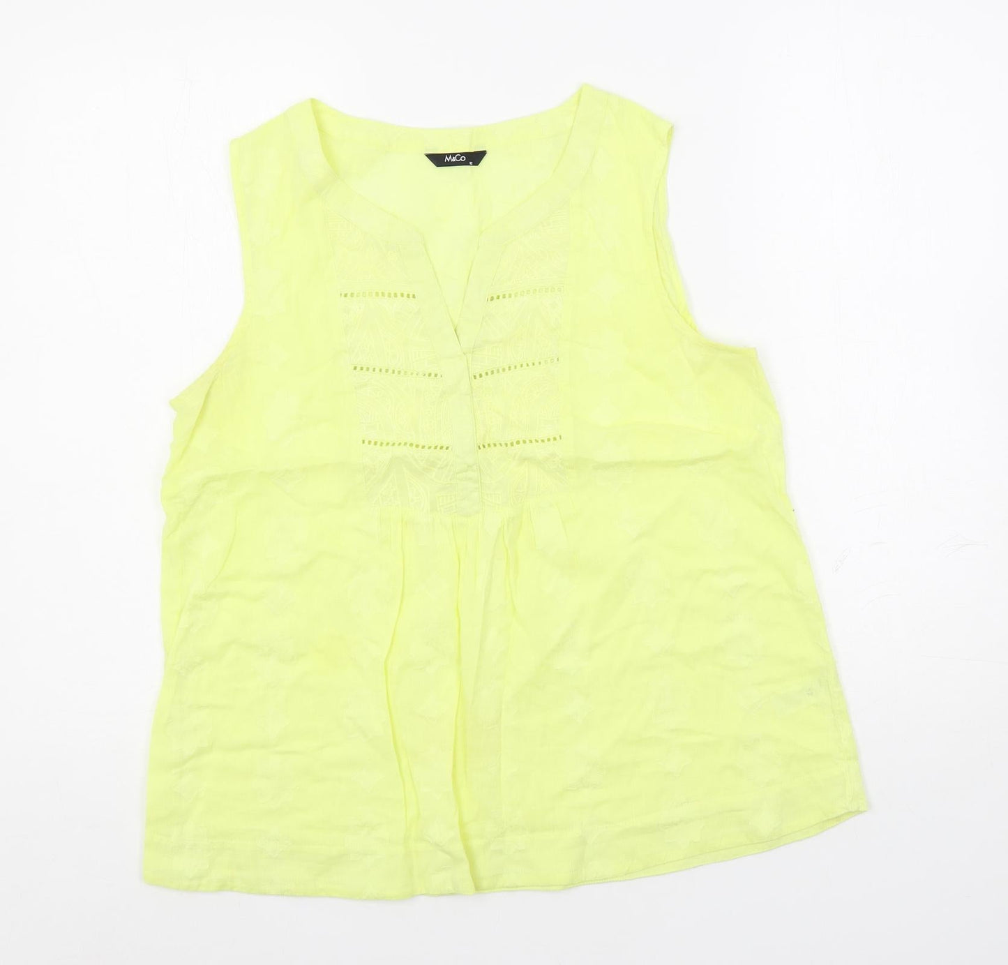 M&Co Womens Yellow Cotton Basic Blouse Size 12 V-Neck - Embroidered