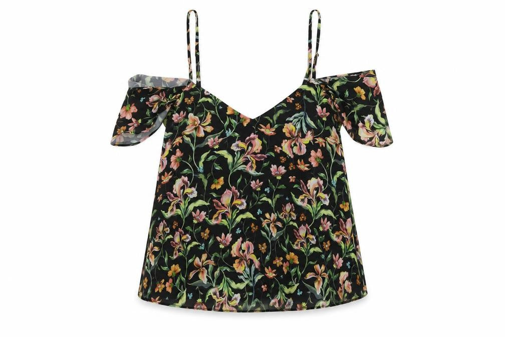 Topshop Womens Black Floral Polyester Basic Blouse Size 8 Off the Shoulder