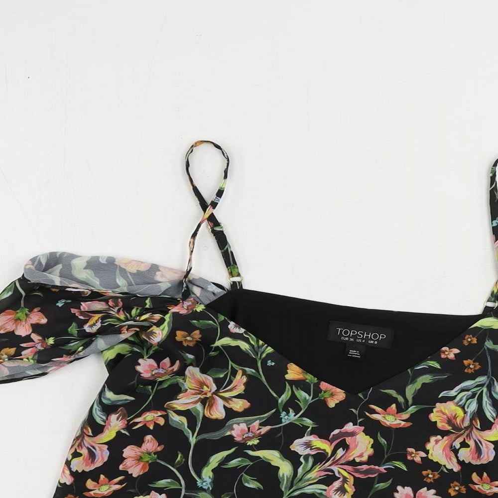 Topshop Womens Black Floral Polyester Basic Blouse Size 8 Off the Shoulder