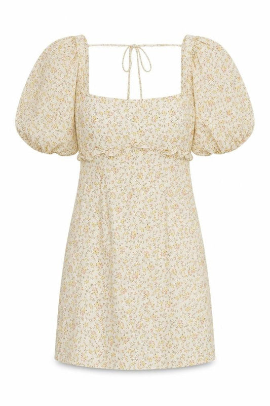 Topshop Womens Beige Floral Cotton Mini Size 10 Square Neck Zip - Puff Sleeve
