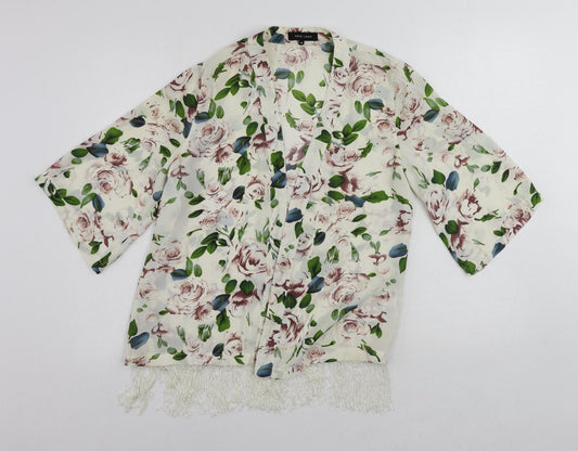 New Look Womens White Floral Polyester Kimono Blouse Size 10 V-Neck - Open Fringe