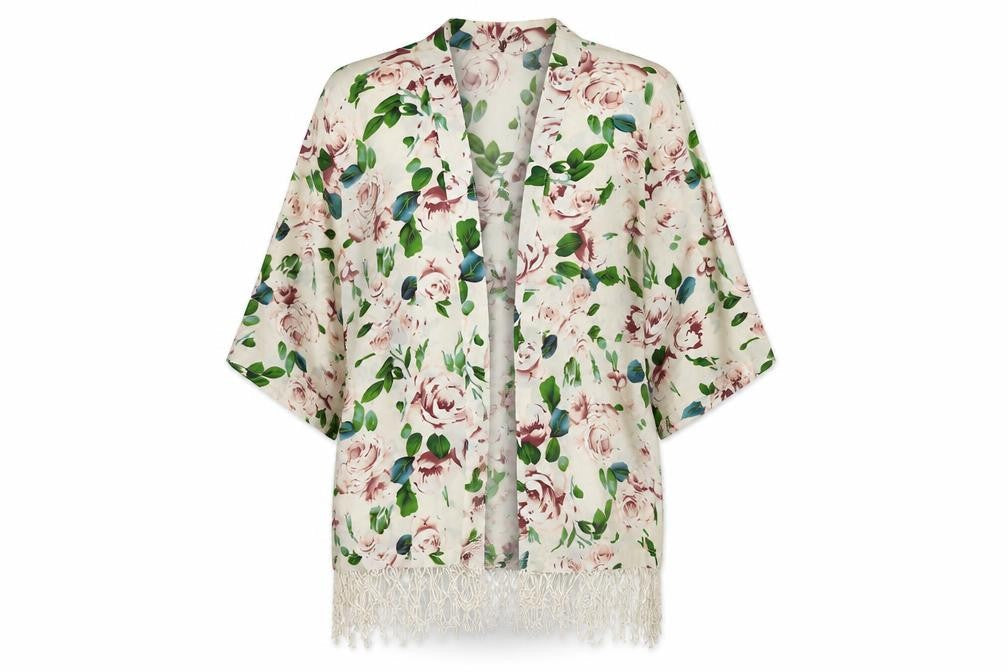 New Look Womens White Floral Polyester Kimono Blouse Size 10 V-Neck - Open Fringe