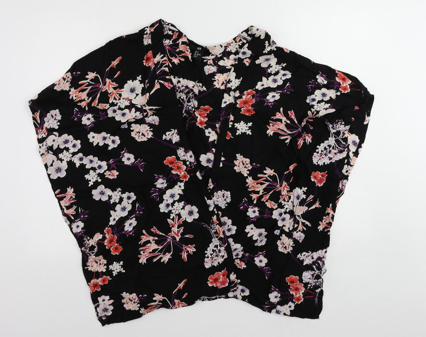 h7M Womens Black Floral Viscose Kimono Blouse Size S V-Neck - Open