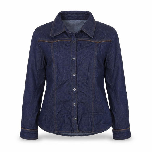 Front view of Denim & Co. women’s blue jacket, size UK 14, snap