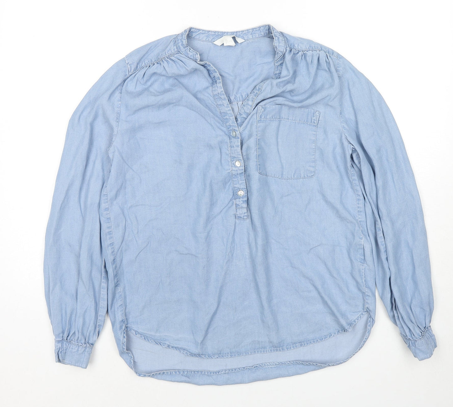 H&M Womens Blue Lyocell Basic Button-Up Size 6 V-Neck