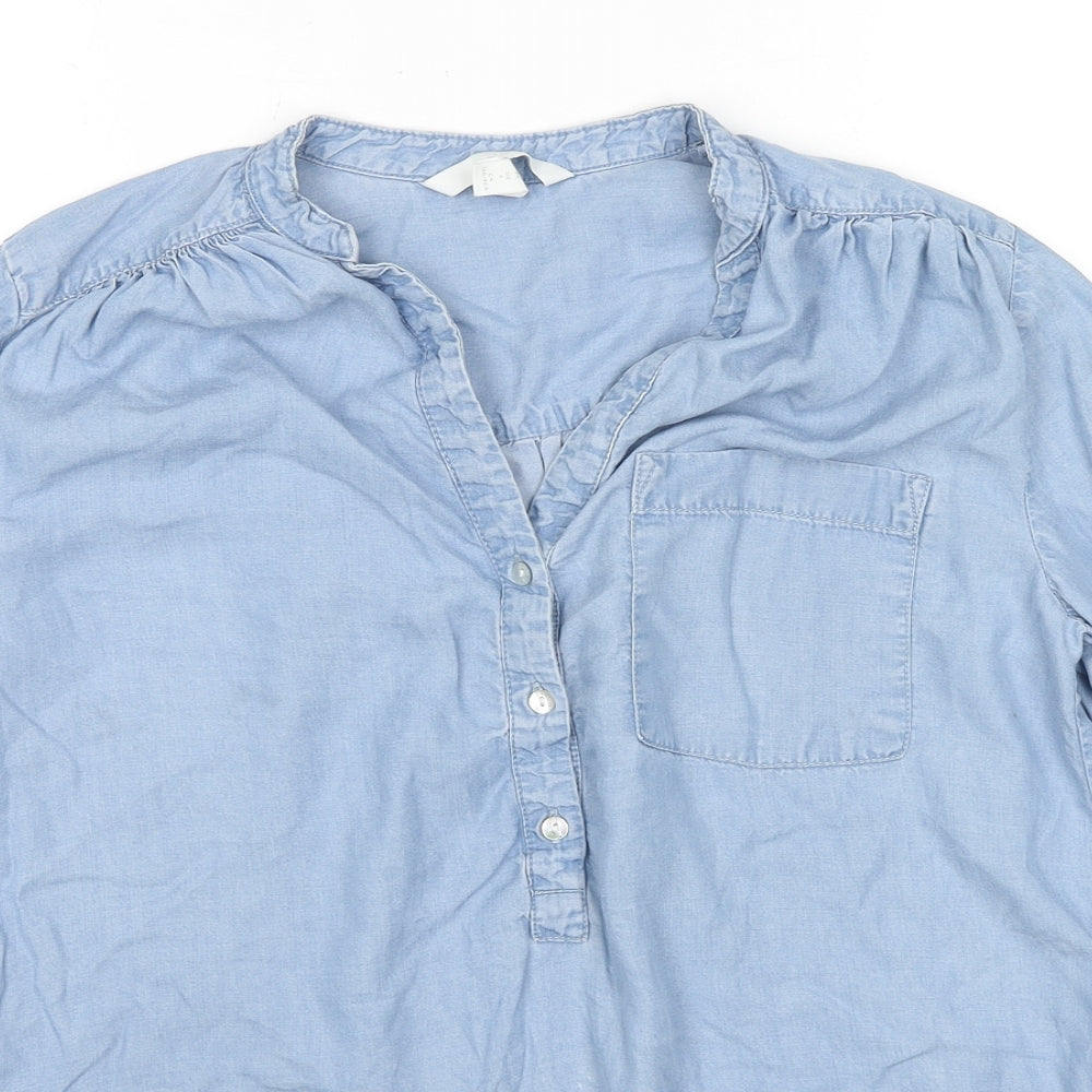 H&M Womens Blue Lyocell Basic Button-Up Size 6 V-Neck
