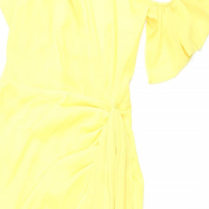 PRETTYLITTLETHING Womens Yellow Polyester Mini Size 10 One Shoulder Zip - Pleated