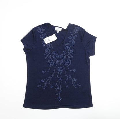 Heather Valley Womens Blue Polyester Basic Blouse Size 12 V-Neck - Floral Beading