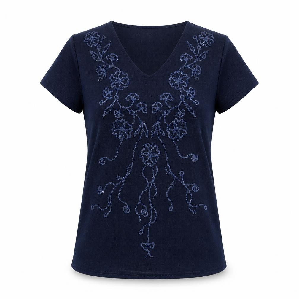 Heather Valley Womens Blue Polyester Basic Blouse Size 12 V-Neck - Floral Beading