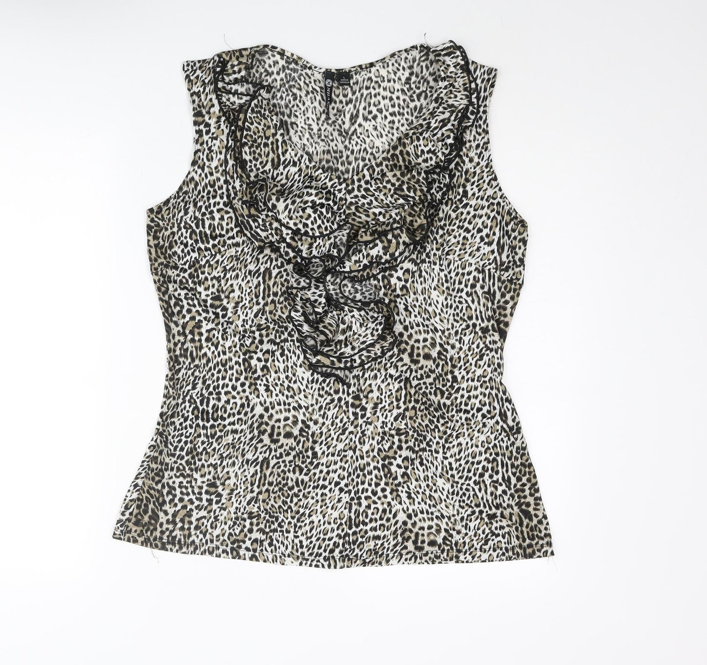 Milano Womens Beige Animal Print Polyester Basic Blouse Size M V-Neck - Leopard Print Frill