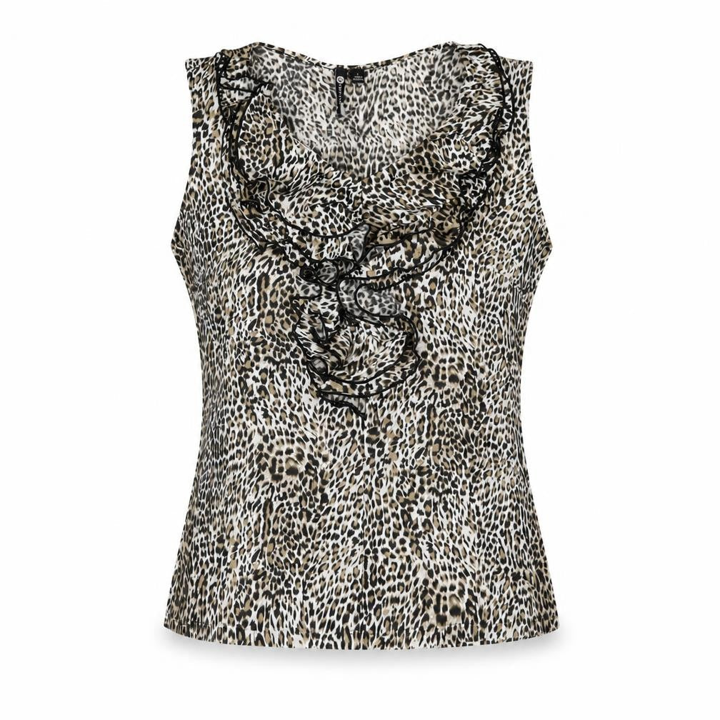 Milano Womens Beige Animal Print Polyester Basic Blouse Size M V-Neck - Leopard Print Frill