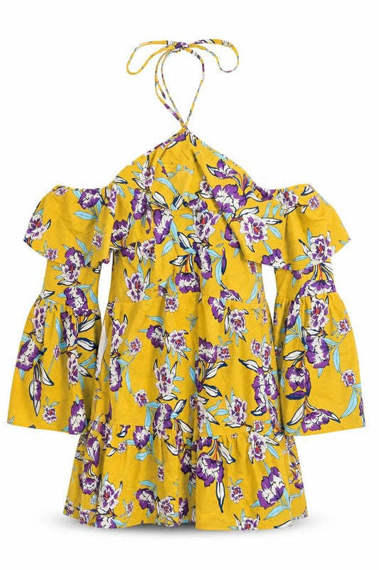 PRETTYLITTLETHING Womens Yellow Floral Polyester Shift Size 16 Halter Zip - Cold Shoulder Frill