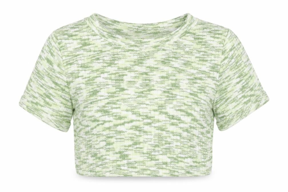 Divided by H&M Womens Green Geometric Polyester Cropped T-Shirt Size S Round Neck