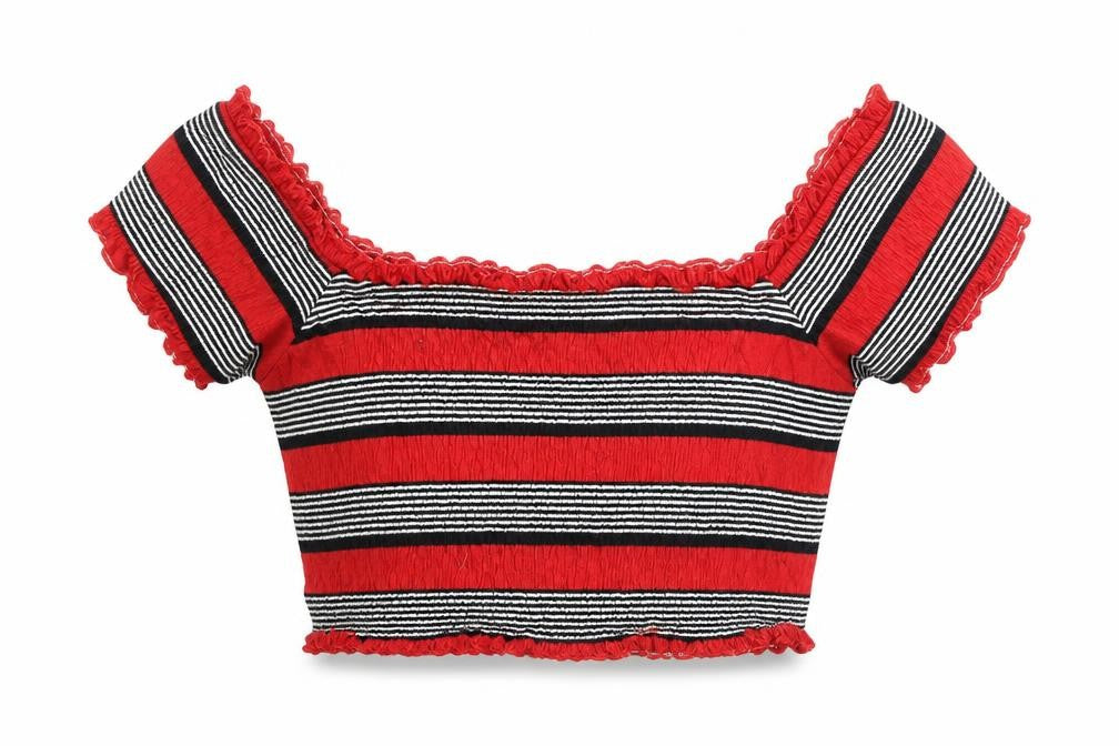 New Look Womens Red Striped Polyester Cropped Blouse Size 8 Off the Shoulder - Rouched