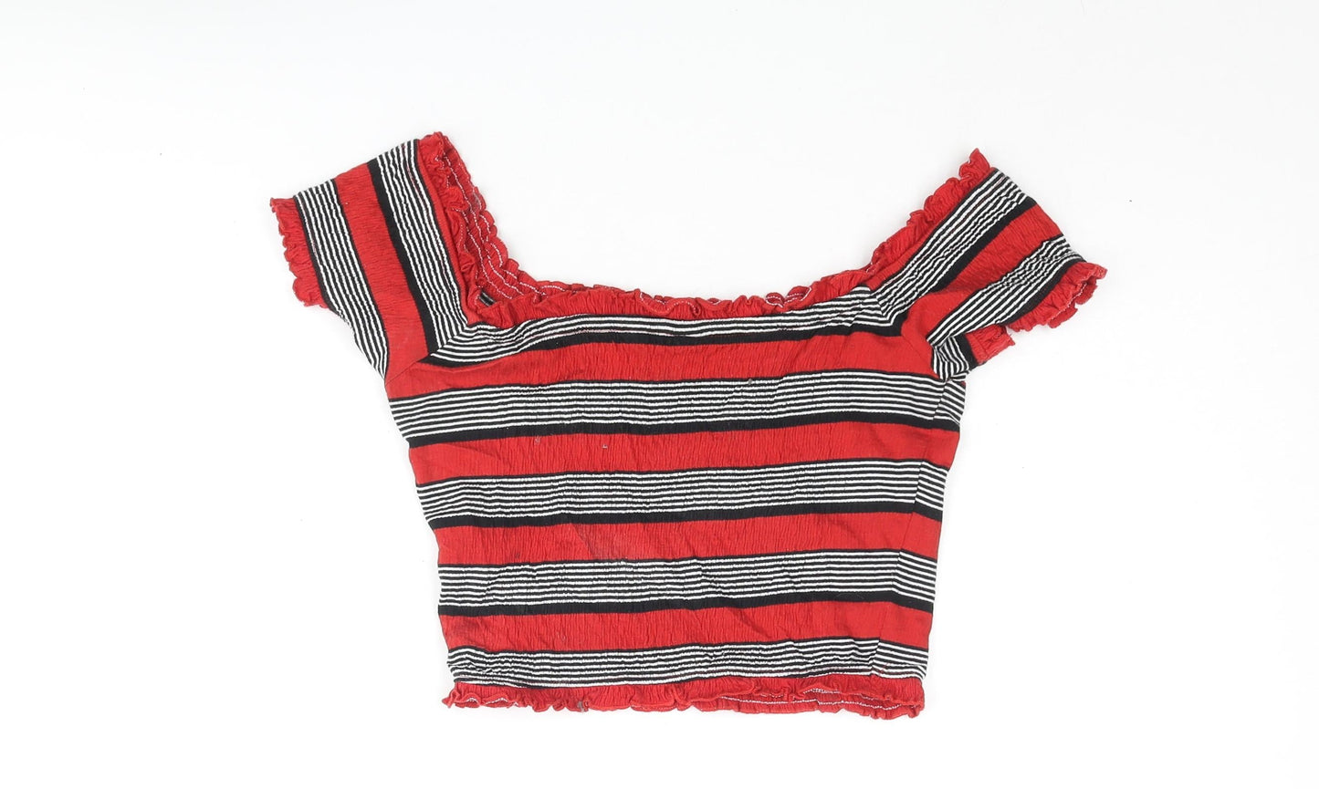 New Look Womens Red Striped Polyester Cropped Blouse Size 8 Off the Shoulder - Rouched