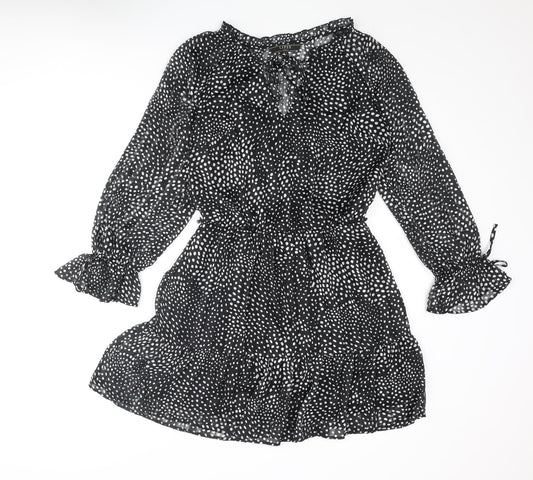 Lipsy Womens Black Polka Dot Polyester A-Line Size 12 V-Neck Tie - Frill Bow