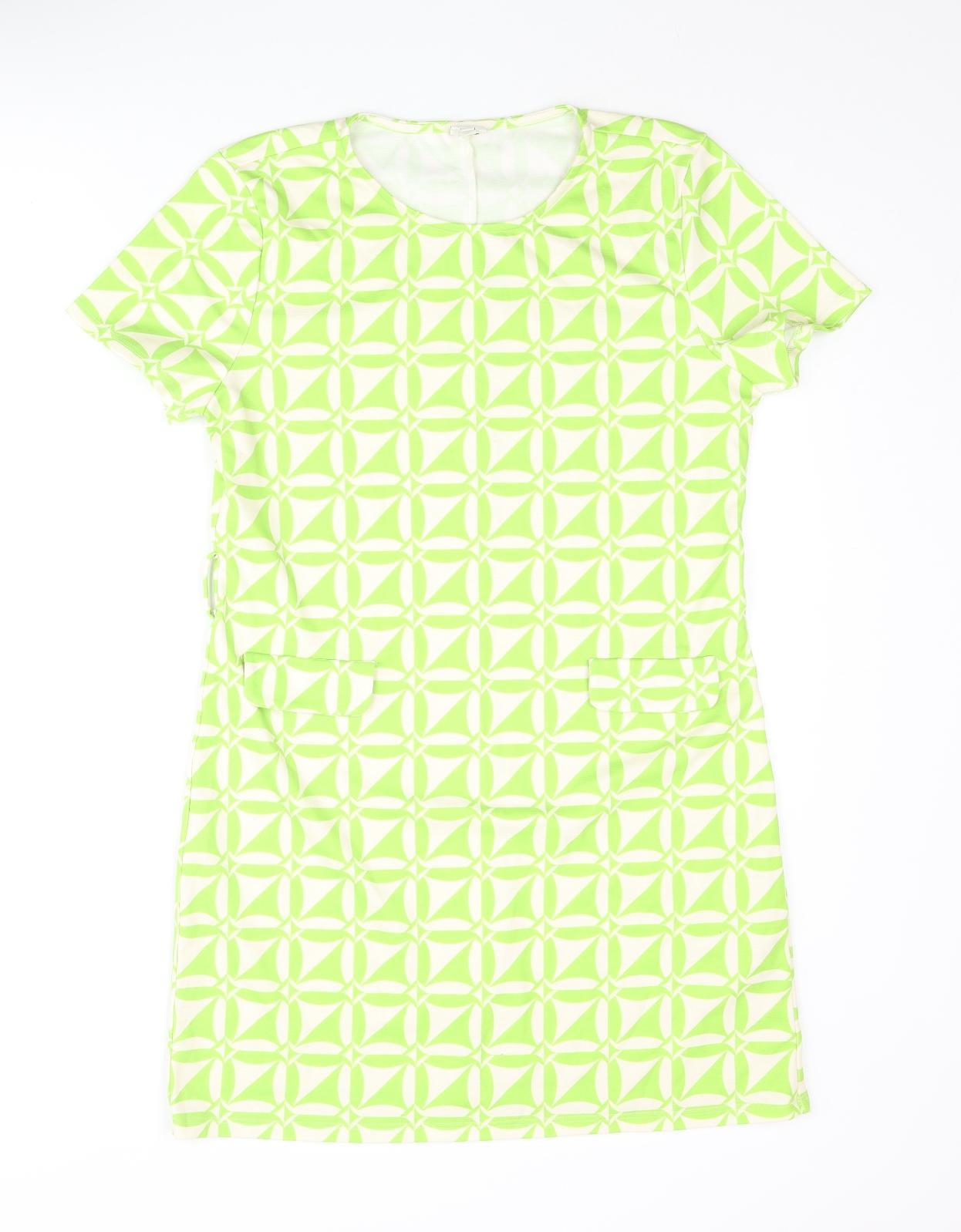 River Island Womens Green Geometric Polyester Shift Size 12 Round Neck Pullover - Pocket Detail