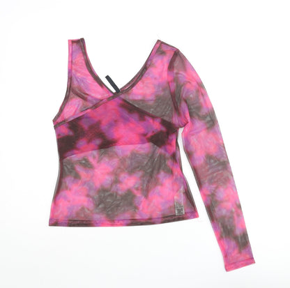 Back view of AsYou women’s pink polyester basic blouse, size UK 12, v-neck - semi sheer