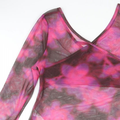 Close-up detail of AsYou women’s pink polyester basic blouse, size UK 12, v-neck - semi sheer