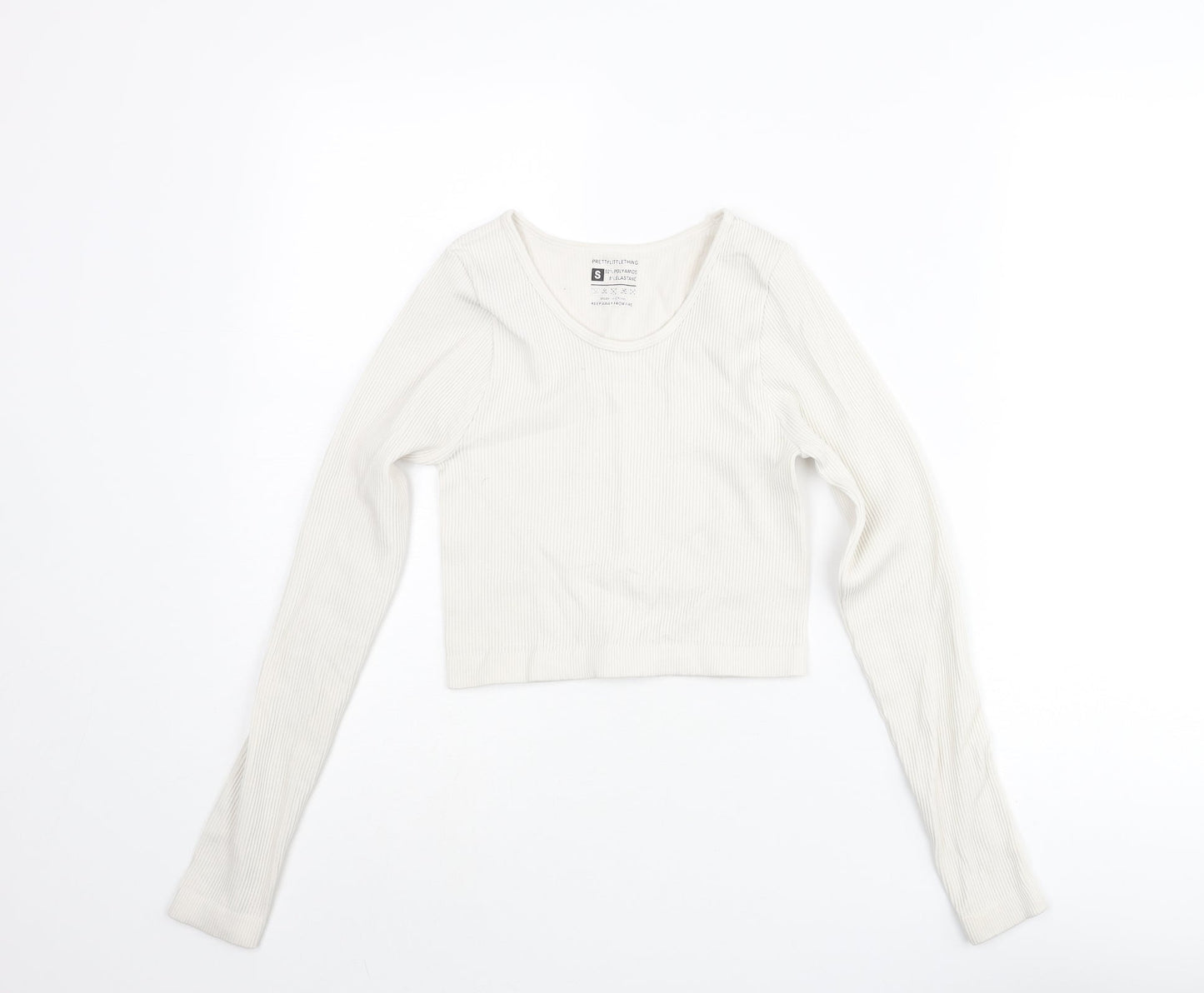 PRETTYLITTLETHING Womens Ivory Polyester Cropped T-Shirt Size S Scoop Neck - Ribbed