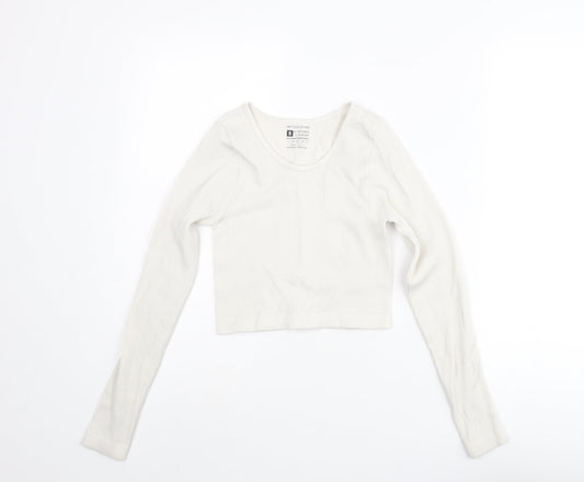 PRETTYLITTLETHING Womens Ivory Polyester Cropped T-Shirt Size S Scoop Neck - Ribbed