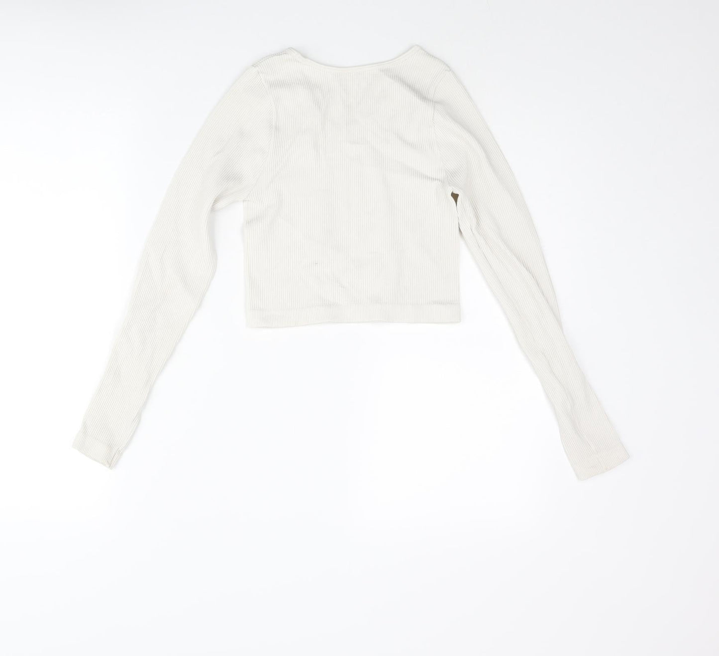 PRETTYLITTLETHING Womens Ivory Polyester Cropped T-Shirt Size S Scoop Neck - Ribbed