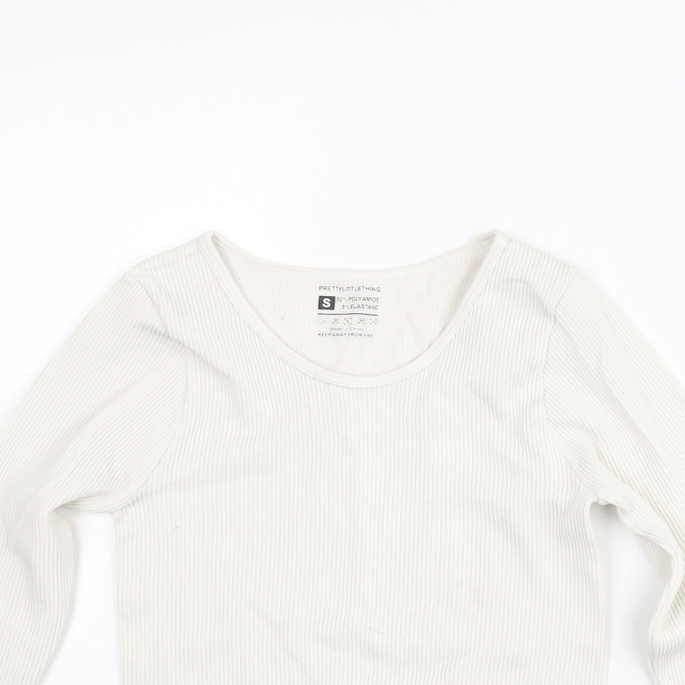 PRETTYLITTLETHING Womens Ivory Polyester Cropped T-Shirt Size S Scoop Neck - Ribbed