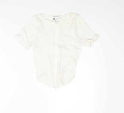 PRETTYLITTLETHING Womens Ivory Polyamide Basic T-Shirt Size XS Round Neck - Ribbed