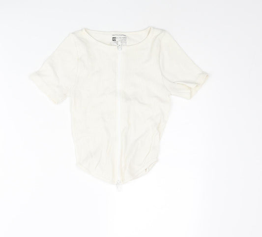 PRETTYLITTLETHING Womens Ivory Polyamide Basic T-Shirt Size XS Round Neck - Ribbed