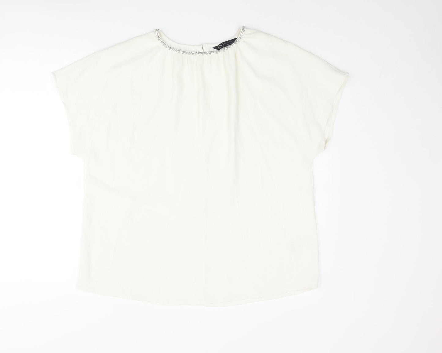 Marks and Spencer Womens Ivory Polyester Basic Blouse Size 12 Round Neck - Rhinestone Collar