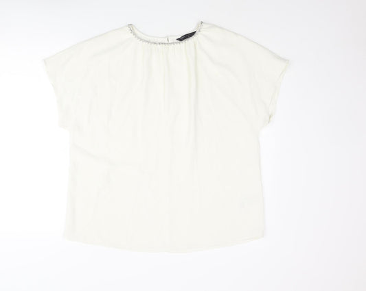 Marks and Spencer Womens Ivory Polyester Basic Blouse Size 12 Round Neck - Rhinestone Collar