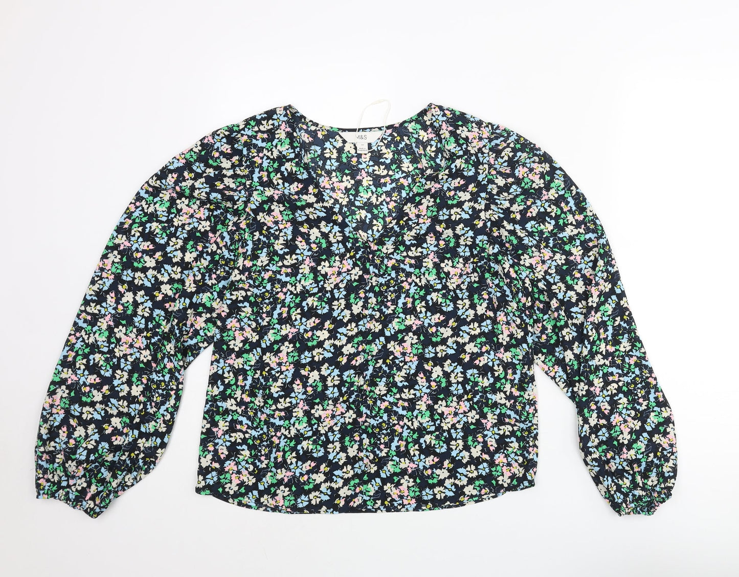 Marks and Spencer Womens Multicoloured Floral Polyester Basic Blouse Size 10 V-Neck - Button Detail