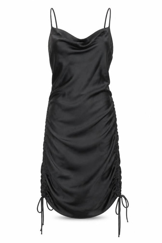 Zara Womens Black Polyacrylate Fibre Slip Dress Size XS Cowl Neck Pullover - Adjustable Hem Drawstring