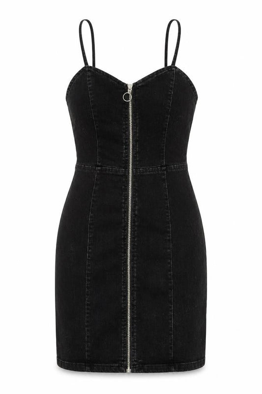Front view of Denim & Co. women’s black cotton mini, size UK 4, sweetheart zip