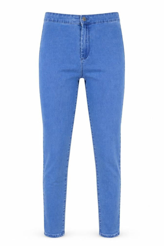 Front view of Denim & Co. women’s blue cotton skinny jeans, size UK 12, 25-inch leg regular zip