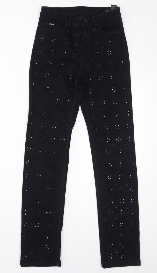 Marks and Spencer Womens Black Cotton Skinny Jeans Size 8 L29 in Regular Zip - Gem Embellishments
