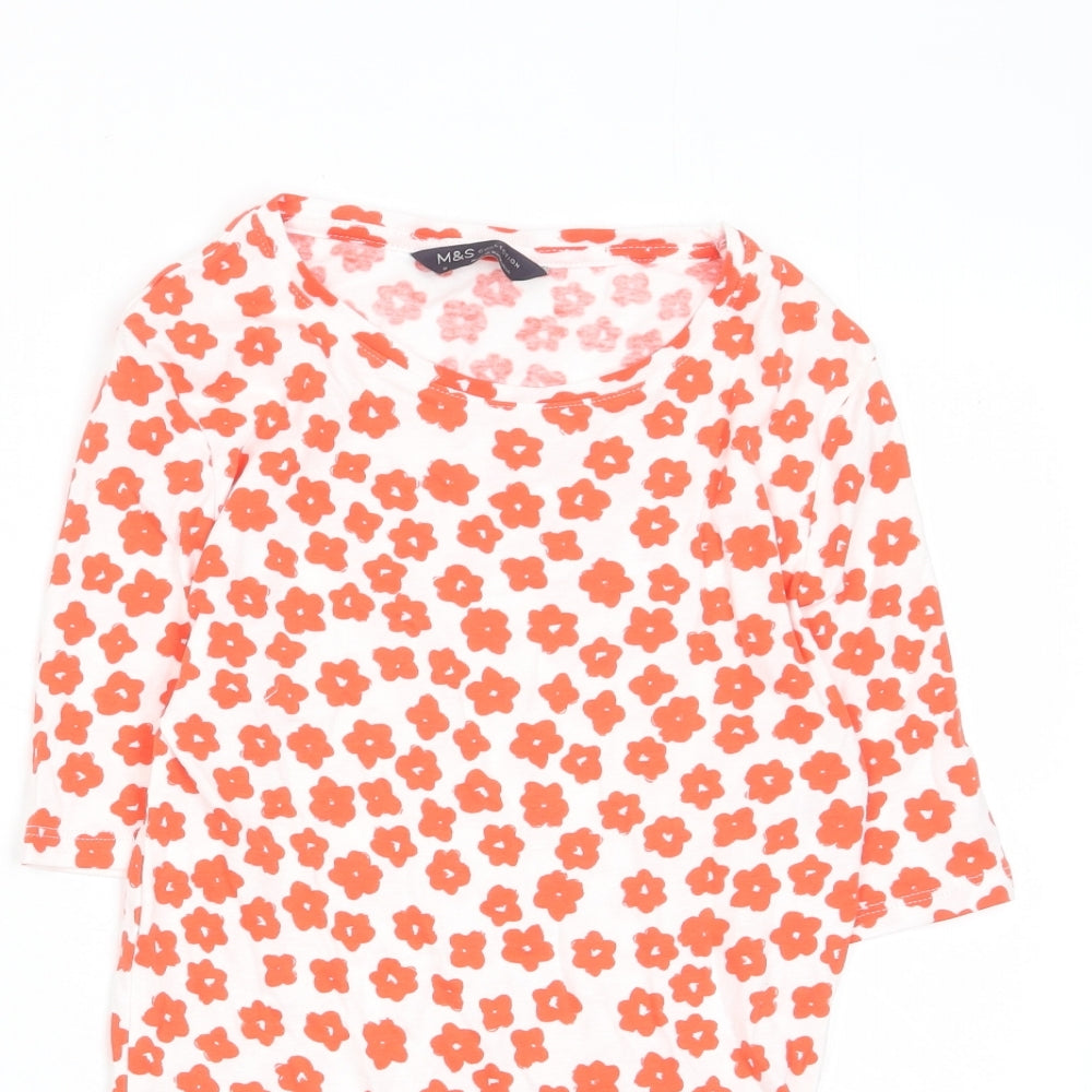 Marks and Spencer Womens Red Floral Cotton Basic T-Shirt Size 6 Crew Neck