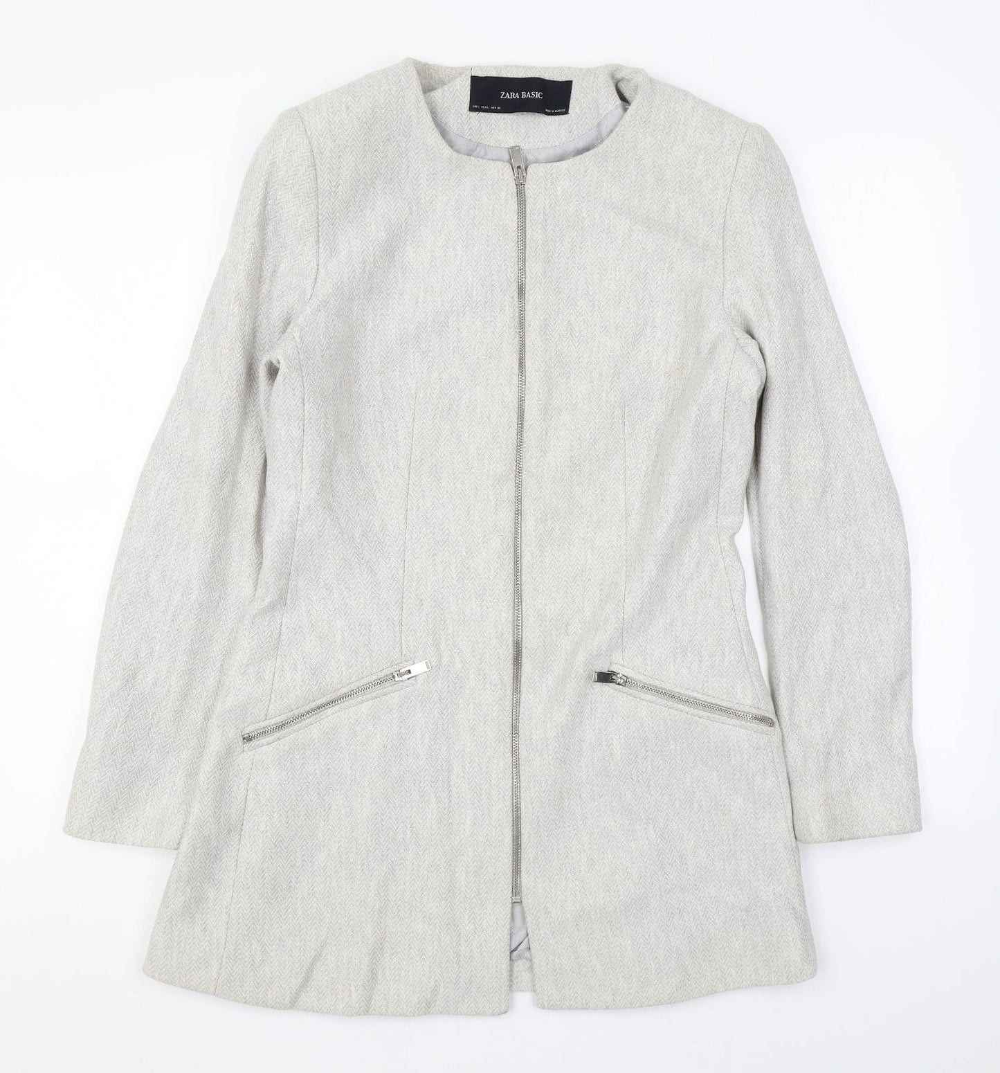 Zara Womens Grey Herringbone Overcoat Coat Size L Zip