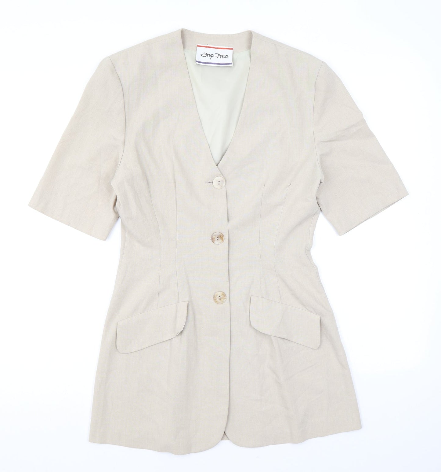 Stop Press Womens Beige Polyester Basic Button-Up Size 10 V-Neck