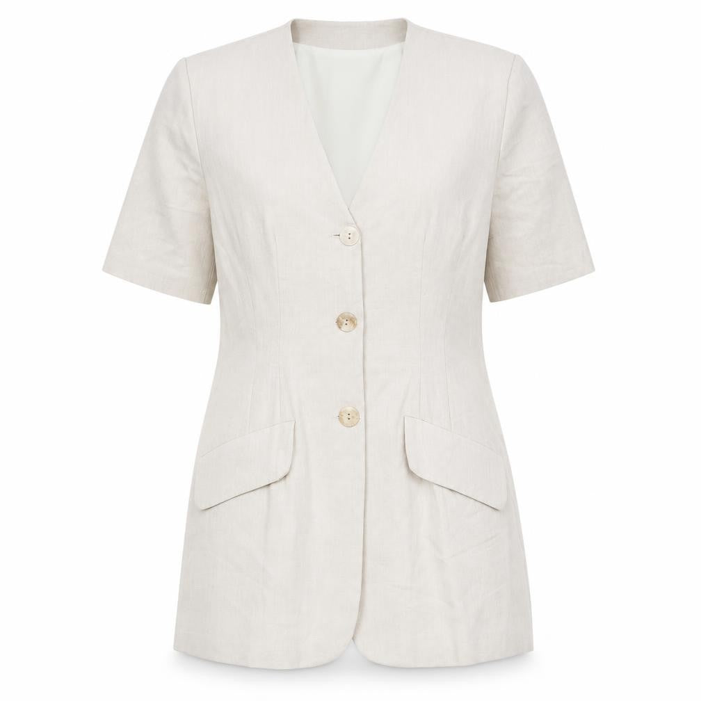 Stop Press Womens Beige Polyester Basic Button-Up Size 10 V-Neck