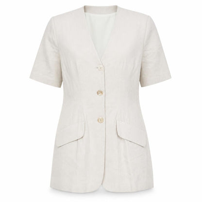 Stop Press Womens Beige Polyester Basic Button-Up Size 10 V-Neck