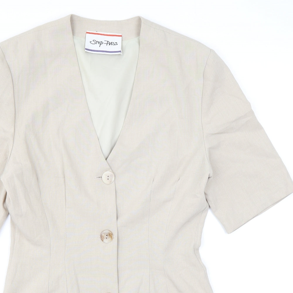 Stop Press Womens Beige Polyester Basic Button-Up Size 10 V-Neck