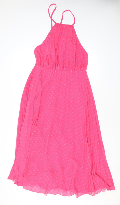 Additional front view of ASOS women’s pink polka dot polyester a-line, size UK 10, halter zip - open back