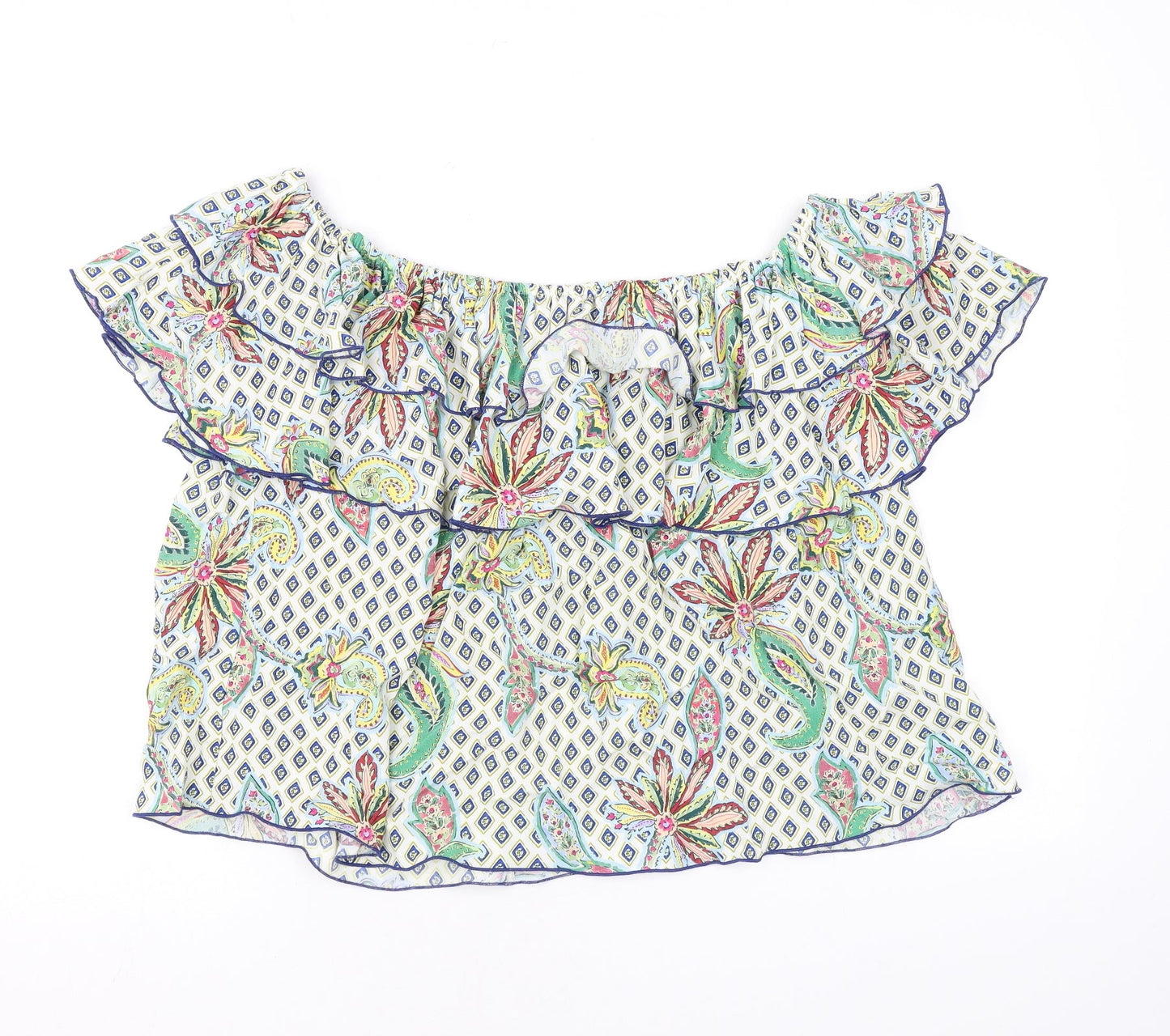 Zara Womens Multicoloured Geometric Polyester Basic Blouse Size L Off the Shoulder - Ruffle