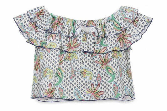 Zara Womens Multicoloured Geometric Polyester Basic Blouse Size L Off the Shoulder - Ruffle