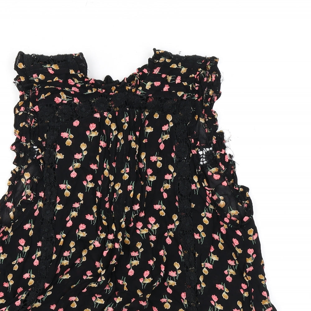 Topshop Womens Black Floral Viscose Basic Tank Size 8 Mock Neck
