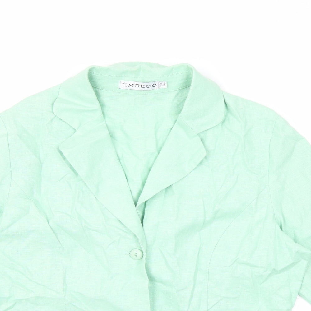 Emreco Womens Green Linen Basic Button-Up Size 10 V-Neck