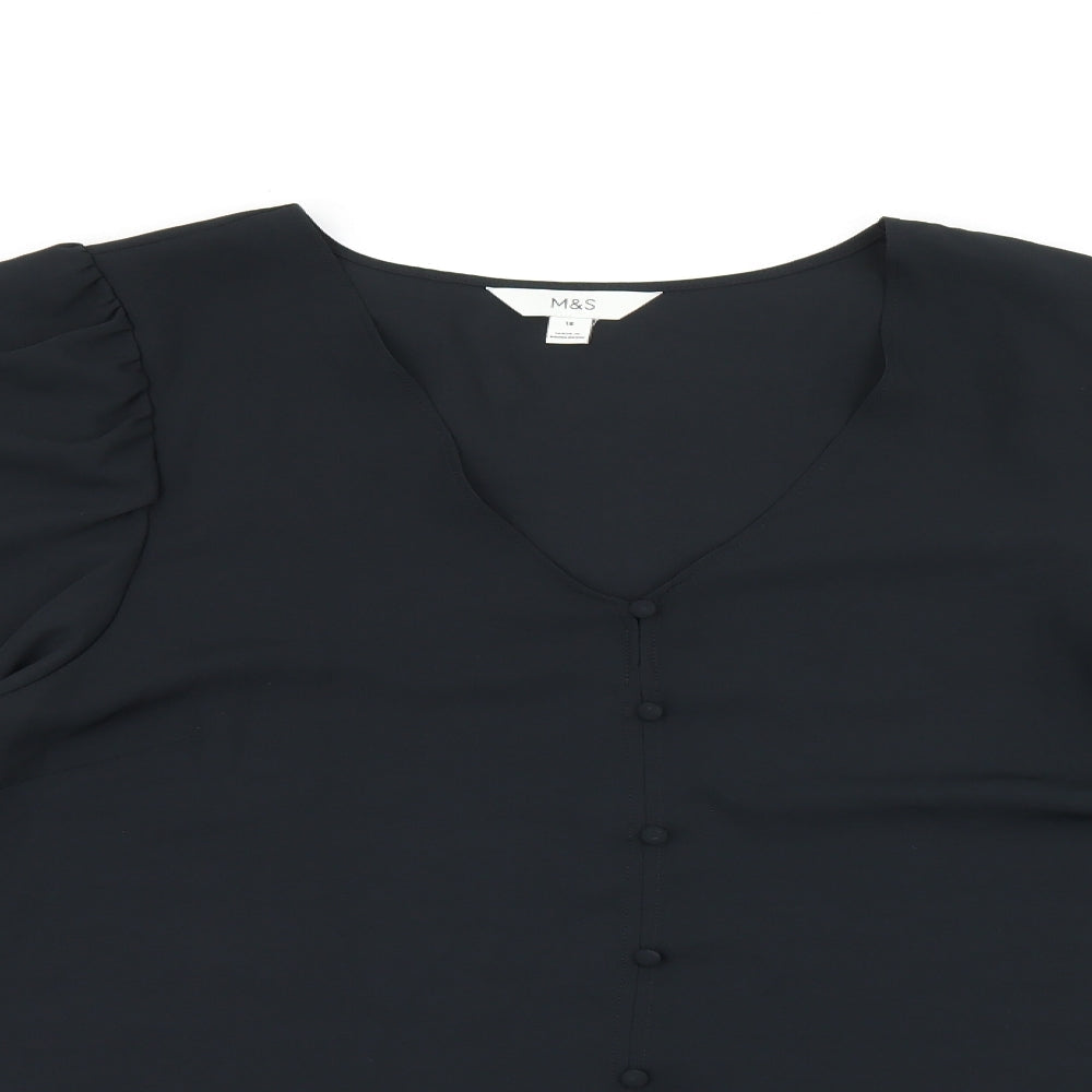 Marks and Spencer Womens Black Polyester Basic Blouse Size 18 V-Neck - Button Detail