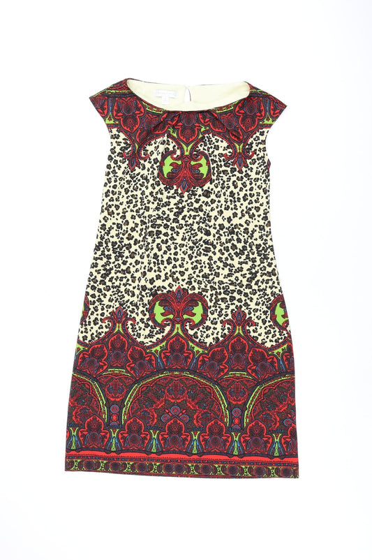 London Times Womens Multicoloured Animal Print Polyester Shift Size 4 Boat Neck Button - Leopard Print Paisley