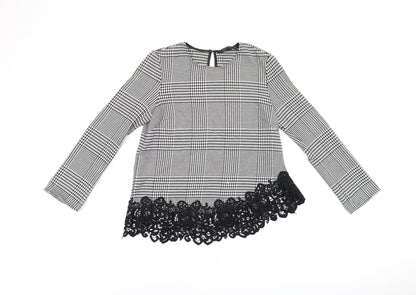 Zara Womens Grey Geometric Polyester Basic Blouse Size M Round Neck - Houndstooth Pattern Crochet Details